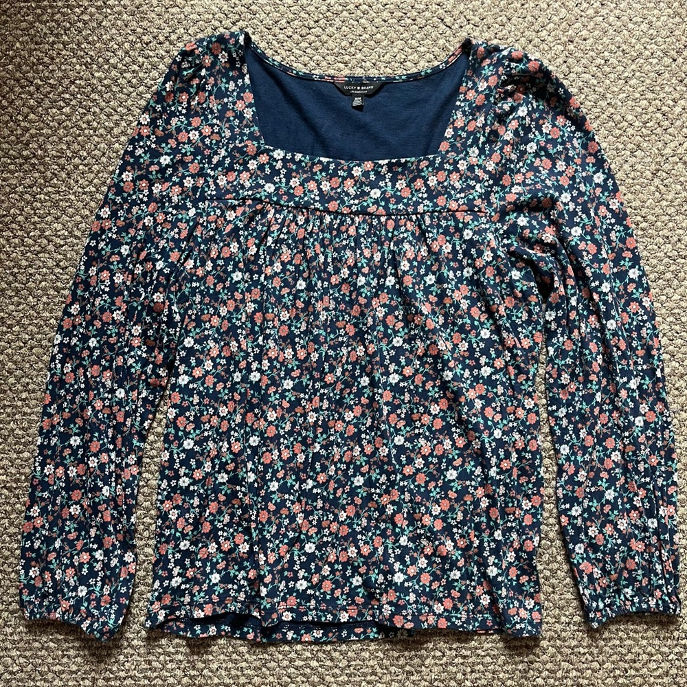 Lucky Brand Navy Floral Long Sleeve Square Neck Top